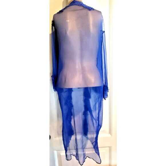Vintage Blue Mesh Lingerie Festival Robe 100% Cotton Lace Edging One Size - Picture 4 of 5